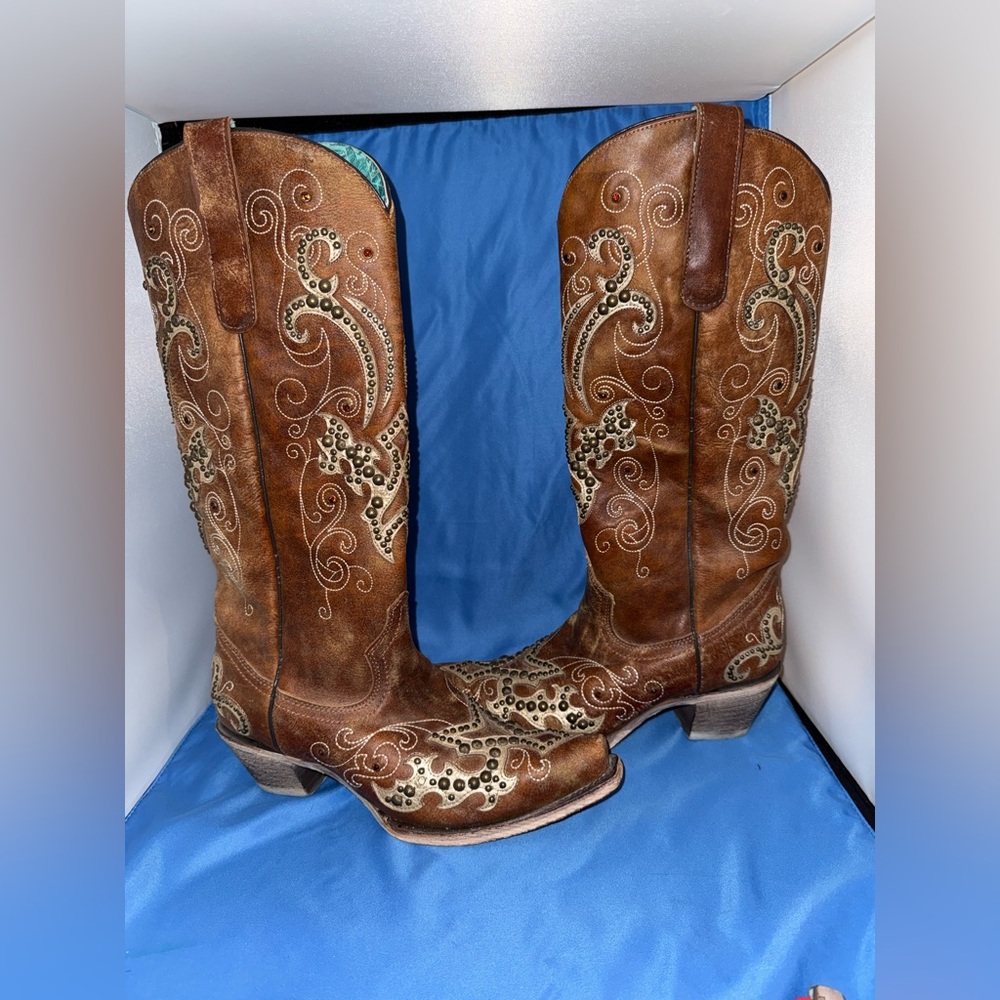 Corral Western Boots Womens Stud Overlay 13" 9 M Tan A3638